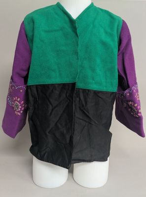 a close up of a mannequin wearing a green and purple jacket