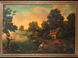 tableau représentant une scène fluviale avec un homme et un chien