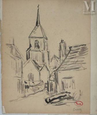 un vieux dessin représentant une église avec un clocher et un arbre au premier plan