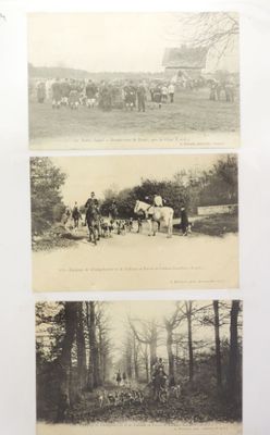 two old black and white photos of horses and people in a field