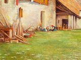 a painting of a couple of people sitting outside of a building