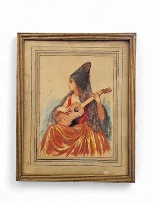 an old painting of a woman playing a guitar on a white wall
