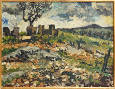 une peinture à l'huile d'un paysage avec un arbre au premier plan