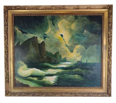 an oil painting of a boat in the ocean with a bird flying over it