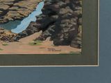 a picture of a painting of a rock formation on the beach