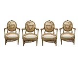 three antique chairs with upholstered arms and arms