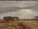 an image of a painting of a field with trees in the background