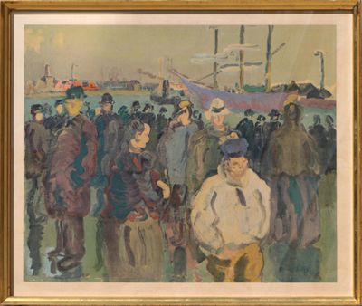 une image représentant un tableau où l'on voit un groupe de personnes debout devant un bateau