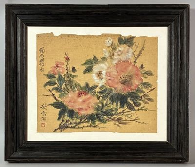 an image of a painting of flowers in a frame on a wall
