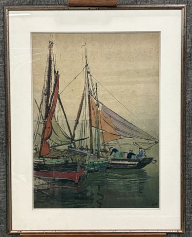 Charles BICHET (1863-1929) « Voiliers et pêcheurs ». Aquarelle. M...