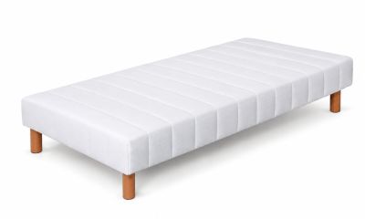 white leather bench with wooden legs on a white background