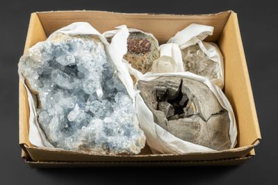 boîtes contenant des échantillons de roches et de minéraux posées sur une surface noire