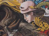 a painting of a man riding a horse with a woman on it