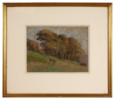 a painting of a landscape with trees and cows in a field