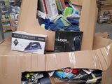 a cardboard box filled with assorted items in a store