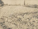 drawing of a field with a plow in the distance
