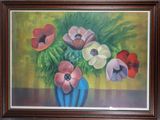a painting of flowers in a blue vase on a table