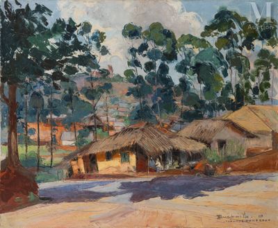 a painting of a village with a thatched roof and trees