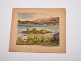 an old watercolor painting of a lake with mountains in the background