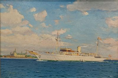 peinture représentant un grand navire blanc sur l'eau, avec le ciel en arrière-plan