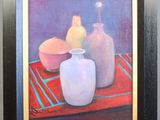 a painting of three vases and a bowl on a table