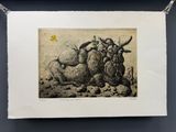 une image représentant un dessin d'un taureau avec un oiseau sur le dos
