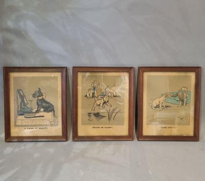 three framed pictures of people sitting on a couch in a living room
