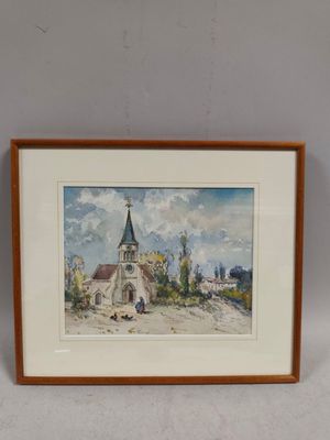 un tableau représentant une église surmontée d'un clocher