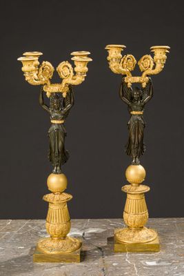 pair of antique bronze candlesticks on marble pedestal