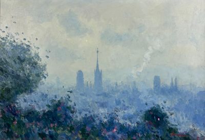 tableau représentant une vue d'une ville depuis une colline, avec des arbres et des fleurs