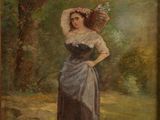 une peinture à l'huile représentant une femme en robe et chapeau dans un parc