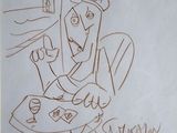 dessin représentant un homme assis à une table avec une tasse de café