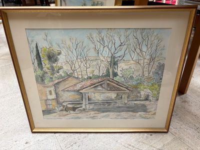 aquarelle encadrée représentant une maison et des arbres dans un jardin