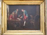 an old painting of two men sitting at a table with a dog