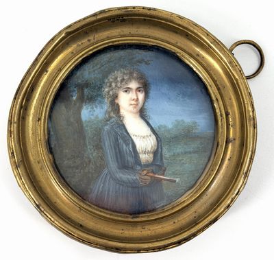 portrait d'une femme en robe bleue tenant un livre, dans un cadre doré