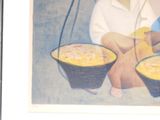 a painting of a woman holding two bowls of food