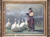 un tableau représentant une femme en train de lire un livre, avec des canards en arrière-plan