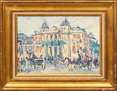 an oil painting of a horse drawn carriage in front of a building