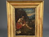 a painting of a man sitting on a rock with a dog