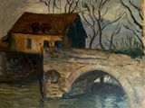 une peinture représentant un pont enjambant une rivière, avec un bâtiment en arrière-plan