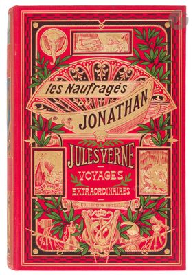 a red book with gold lettering and illustrations on it