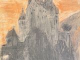 dessin représentant un château au milieu d'une montagne, avec le ciel en arrière-plan