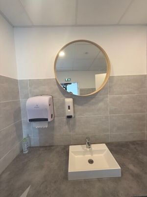 a bathroom with a sink, mirror, and toilet paper dispenser