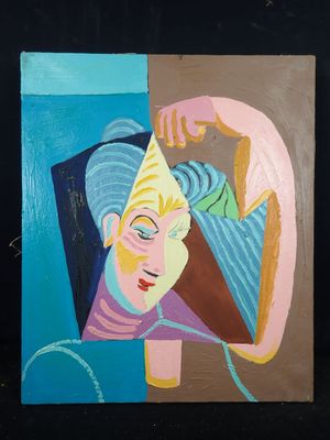 un tableau représentant une femme avec une harpe sur fond noir