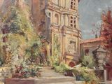 une peinture représentant un vieux bâtiment avec un escalier qui monte le long de celui-ci