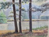 a picture of a painting of two trees by the water