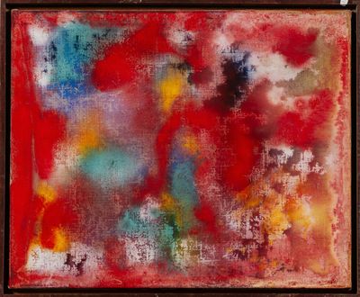une peinture abstraite aux couleurs rouge, jaune, bleue et verte