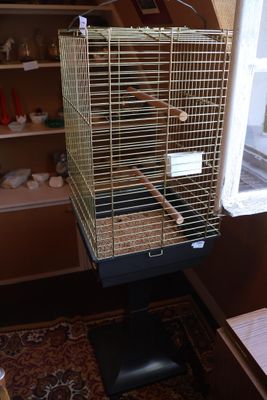 a bird cage that has a bird inside of it