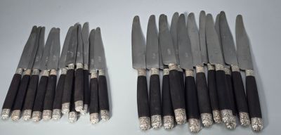 huit couteaux sont alignés en rang sur une table