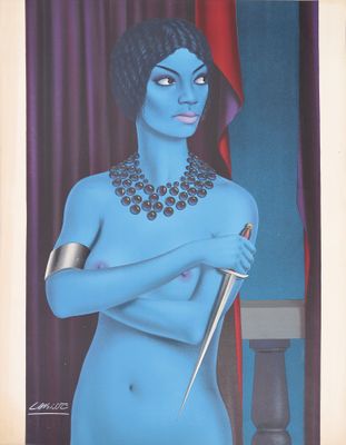 un tableau représentant une femme tenant un couteau à la main